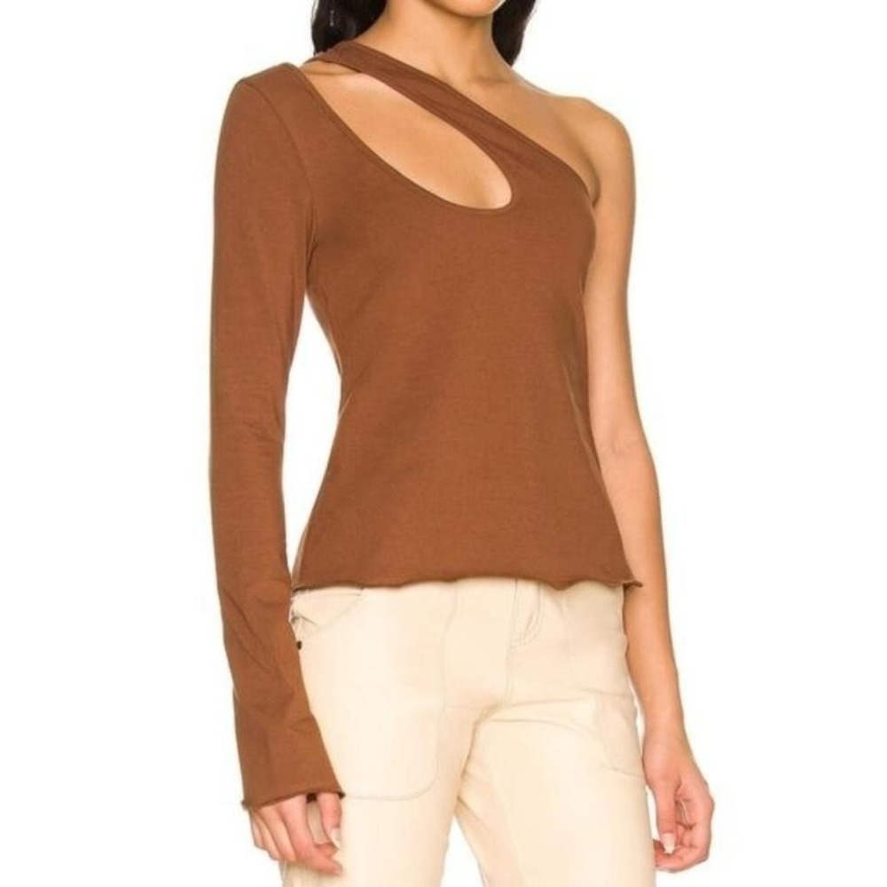 LOVERS + FRIENDS One Sleeve Cutout Top Women Sz Medium Brown Long Sleeve Edgy